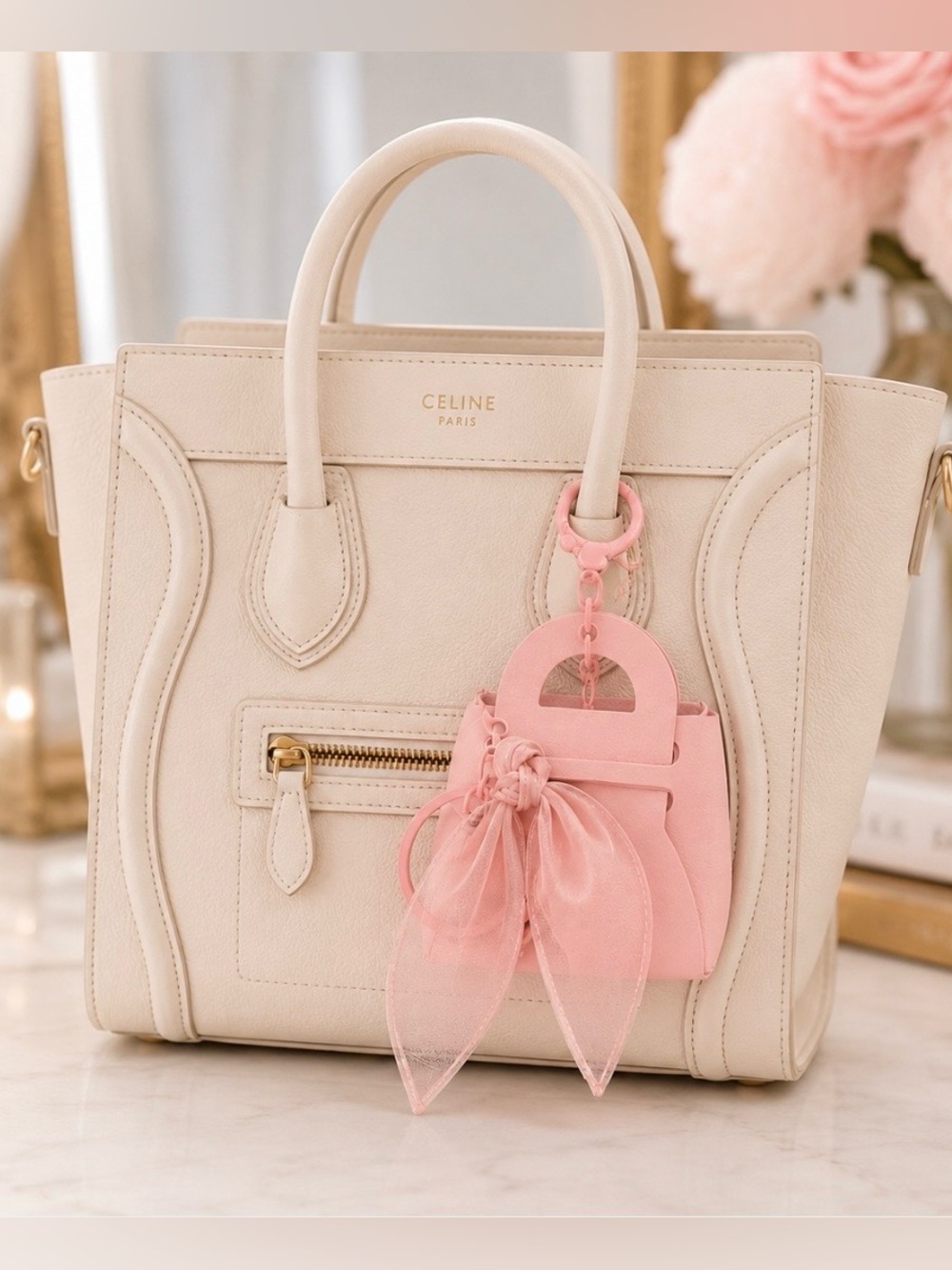 New Pink Mini Bag Charm with Matching Sheer Mini Scarf Twilly Keychain